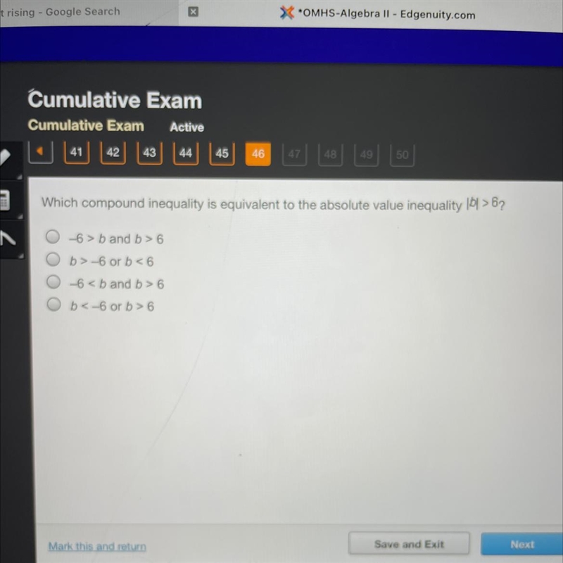 Which compound inequality is equivalent to the absolute value inequality 161 > 6?-example-1