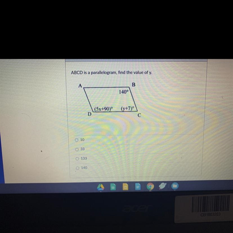 ABCD is a parallelogram, find the value of y-example-1