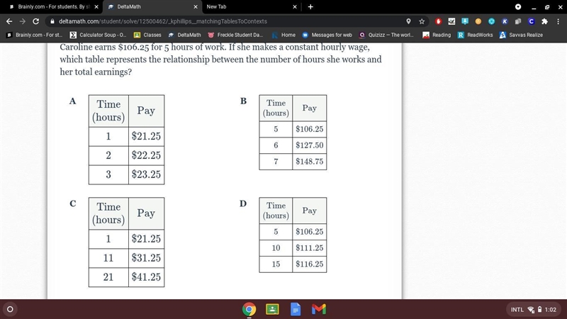 Caroline earns $106.25 for 5 hours of work. If she makes a constant hourly wage, which-example-1