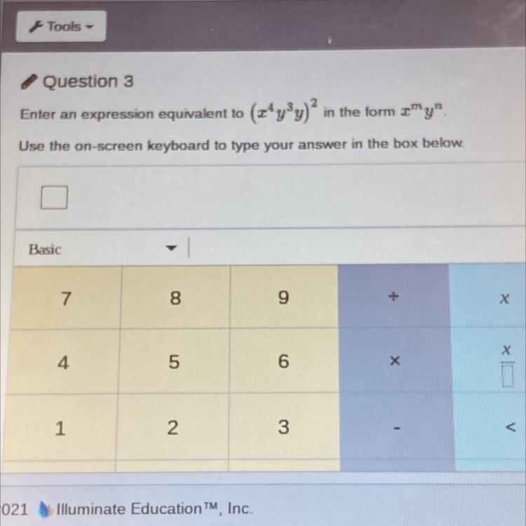 Enter an expression equivalent to (x^4 y^3 y)^2 in the form x^m y^n-example-1