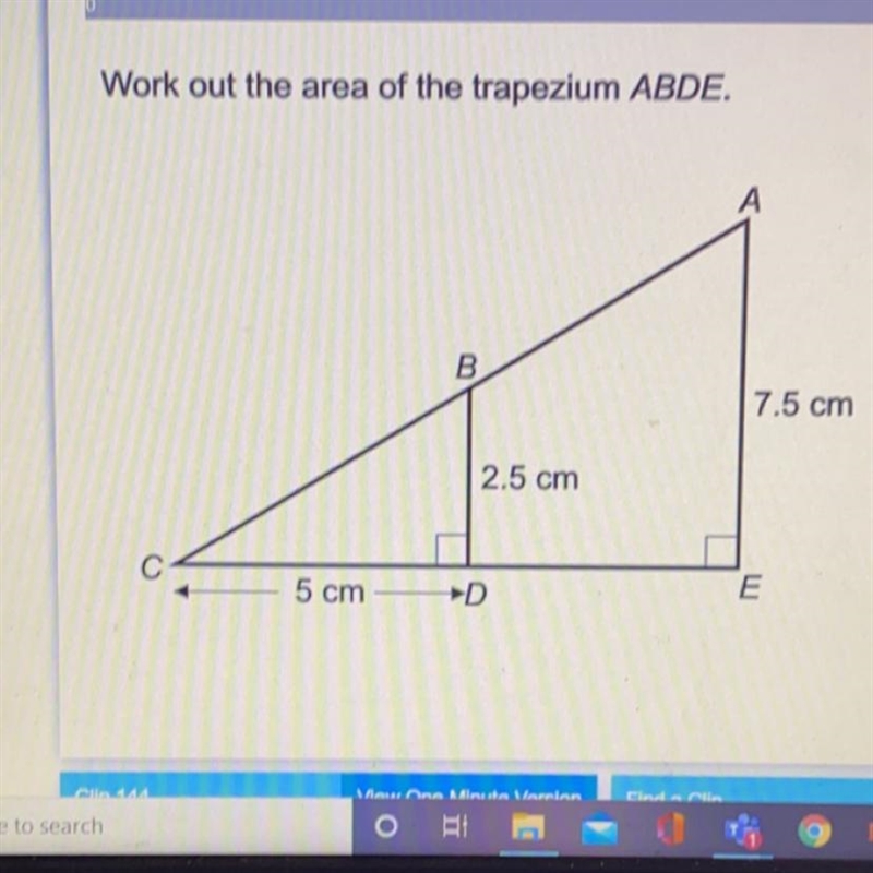 Work out the area of the trapezium ABDE. A В. 7.5 cm 2.5 cm С 5 cm E-example-1