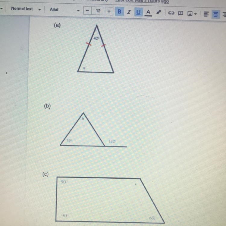 1. Determine the measure of the unknown angles indicated by letters. Justify your-example-1