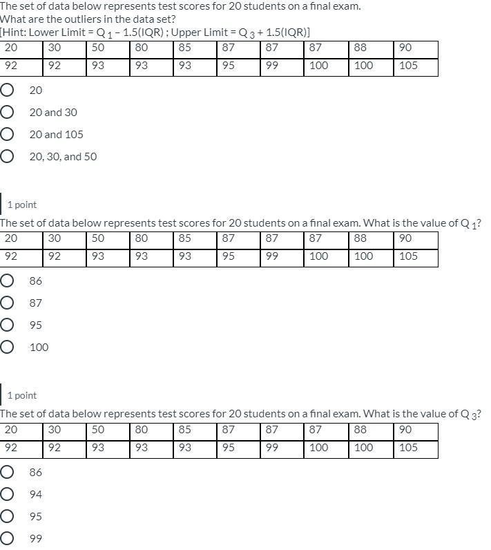 3 questions in 1 1. The set of data below represents test scores for 20 students on-example-1