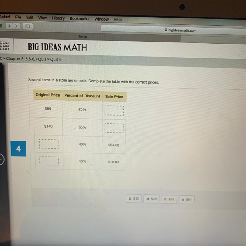 3 of 10 Several items in a store are on sale. Complete the table with the correct-example-1