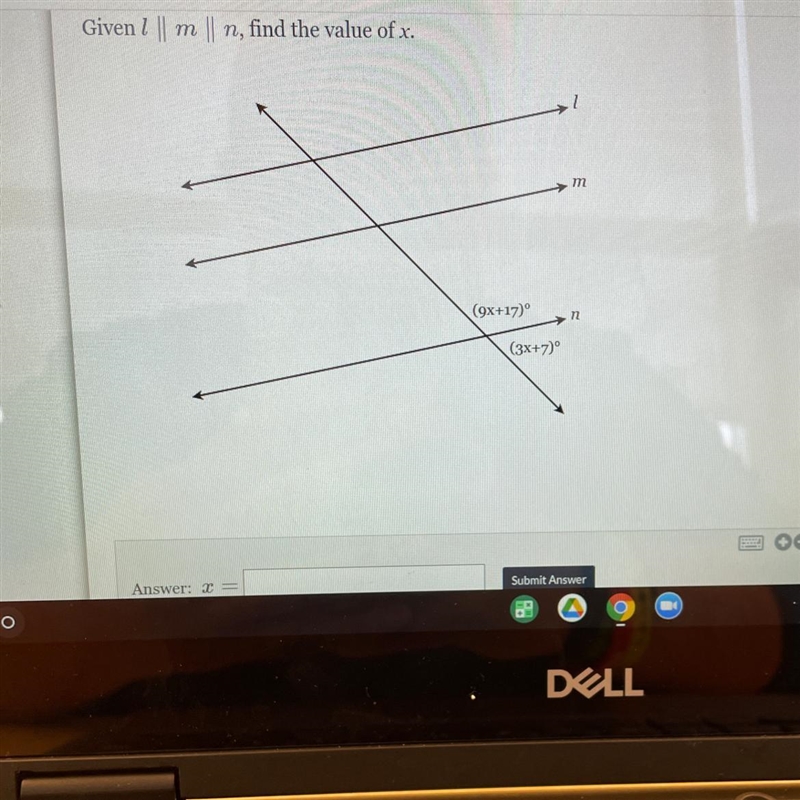 Given 1 || m || n, find the value of x. m (9X+17)° n (3x+7) Answer: 2 Submit Answer-example-1