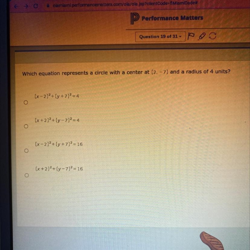 PLEASE HELP ITS AN EMERGENCY Which equation represents a circle with a center at (2. -7) and-example-1