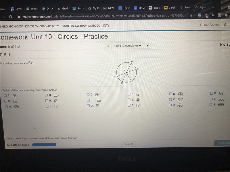 Name the minor arcs in the circle Select all the minor arcs by their correct names-example-1