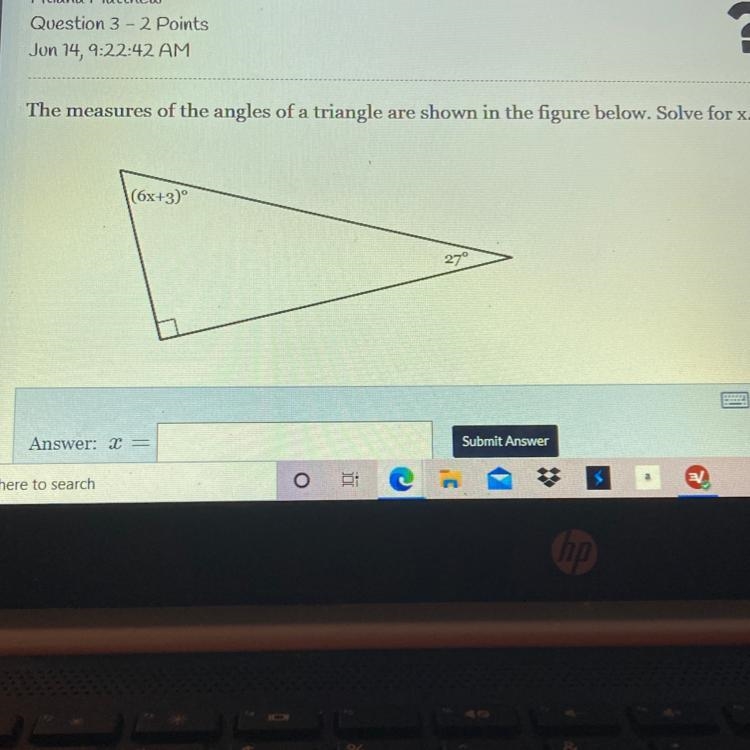 The measures of the angles of a triangle are shown in the figure. solve for x-example-1