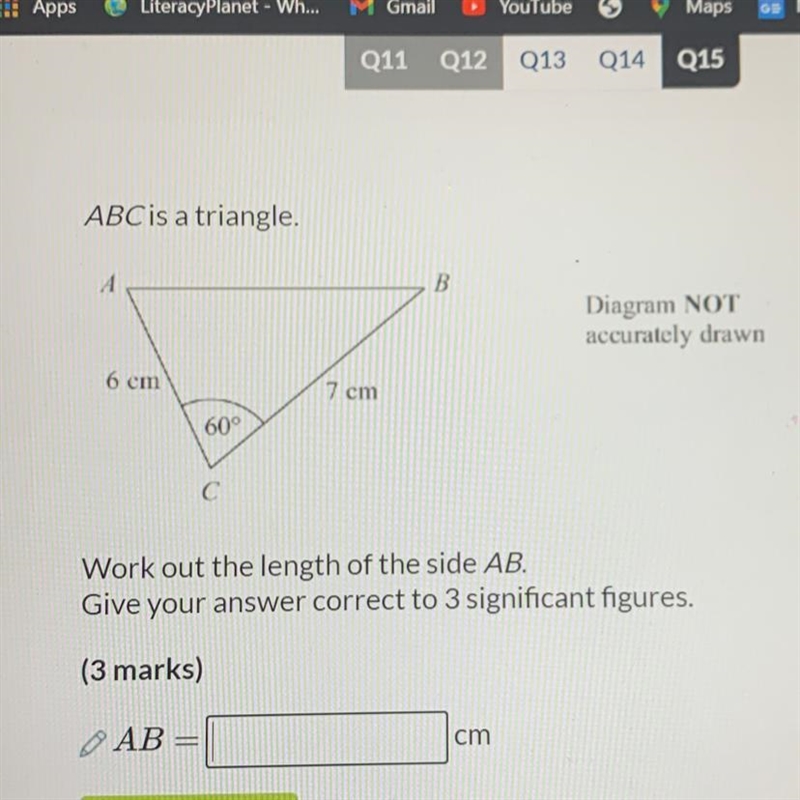 ABC is a triangle. A B. Diagram NOT accurately drawn 6 cm 7 cm 60° C С Work out the-example-1