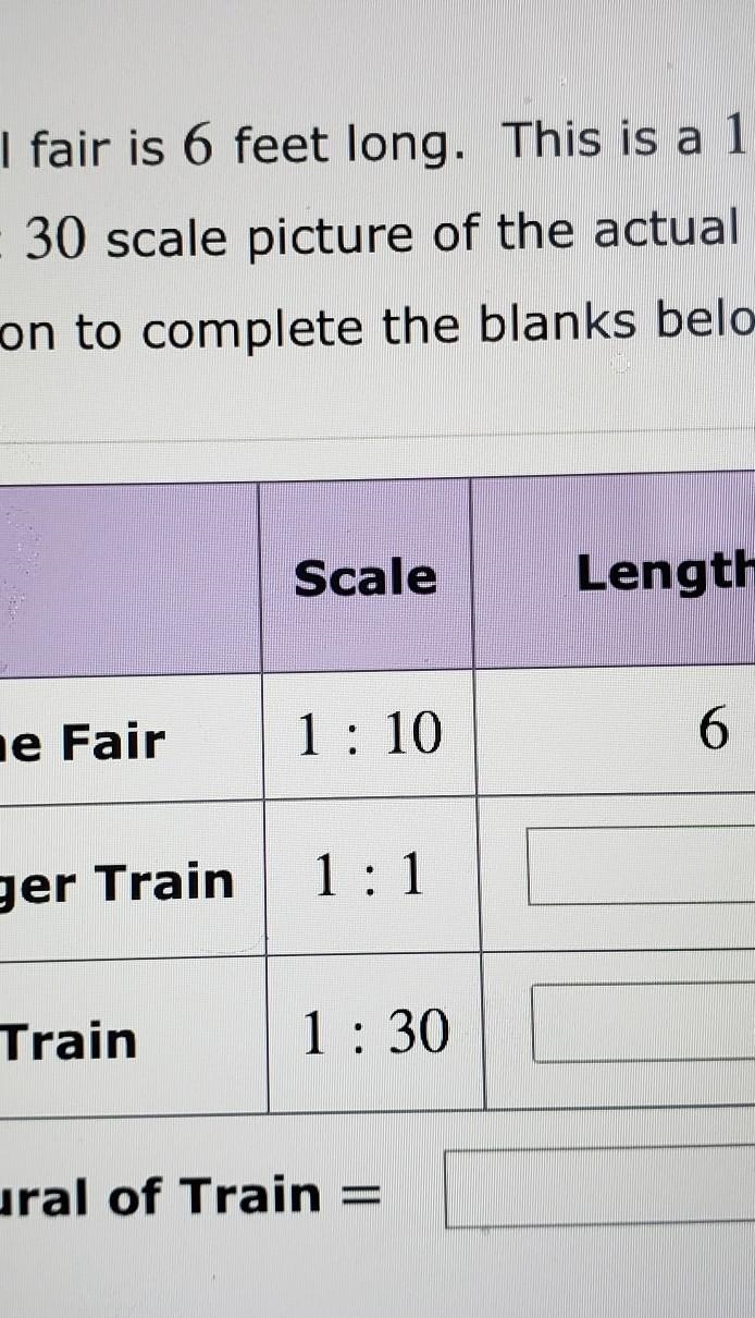 A train at the local fair is 6 feet long. This 1.10 scale of an actual passenger train-example-1