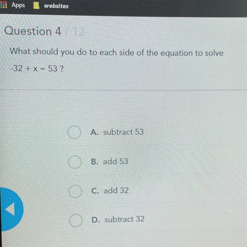 What should you do to each side of the equation to solve -32+x=53?-example-1