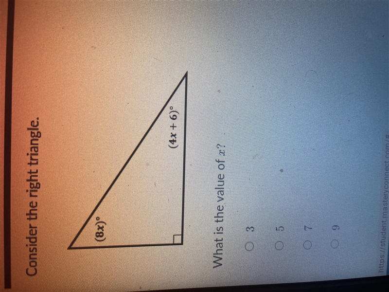 Consider the right triangle. What is the value of x-example-1