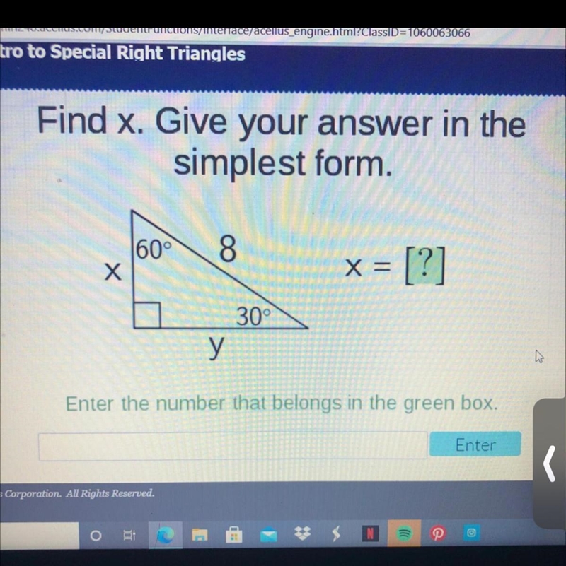 Find x. Give your answer in the simplest form. x = Enter the number that belongs in-example-1