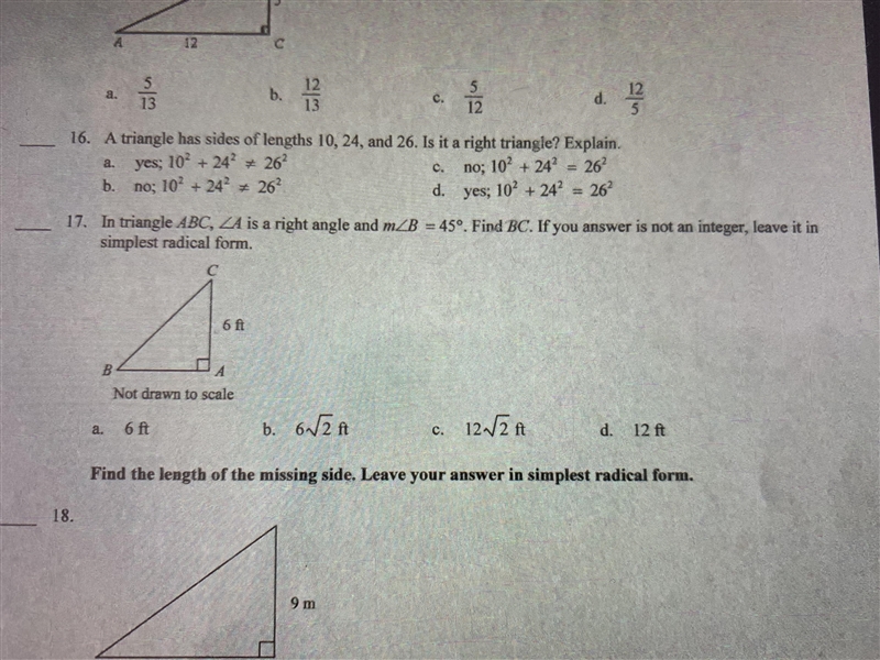 In triangle ABC, A is a right angle, and mB = 45°. Find BC. If your answer is not-example-1