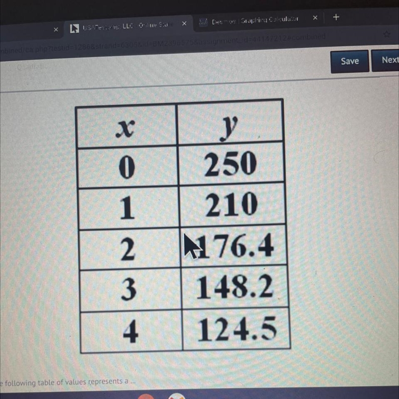 The following table of values represents a... A) Linear Function B) Quadratic Function-example-1