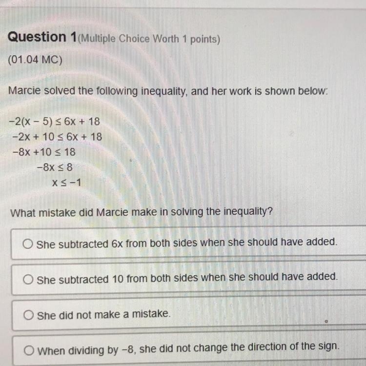 Marcie solved the following inequality, and her work is shown below. What mistake-example-1