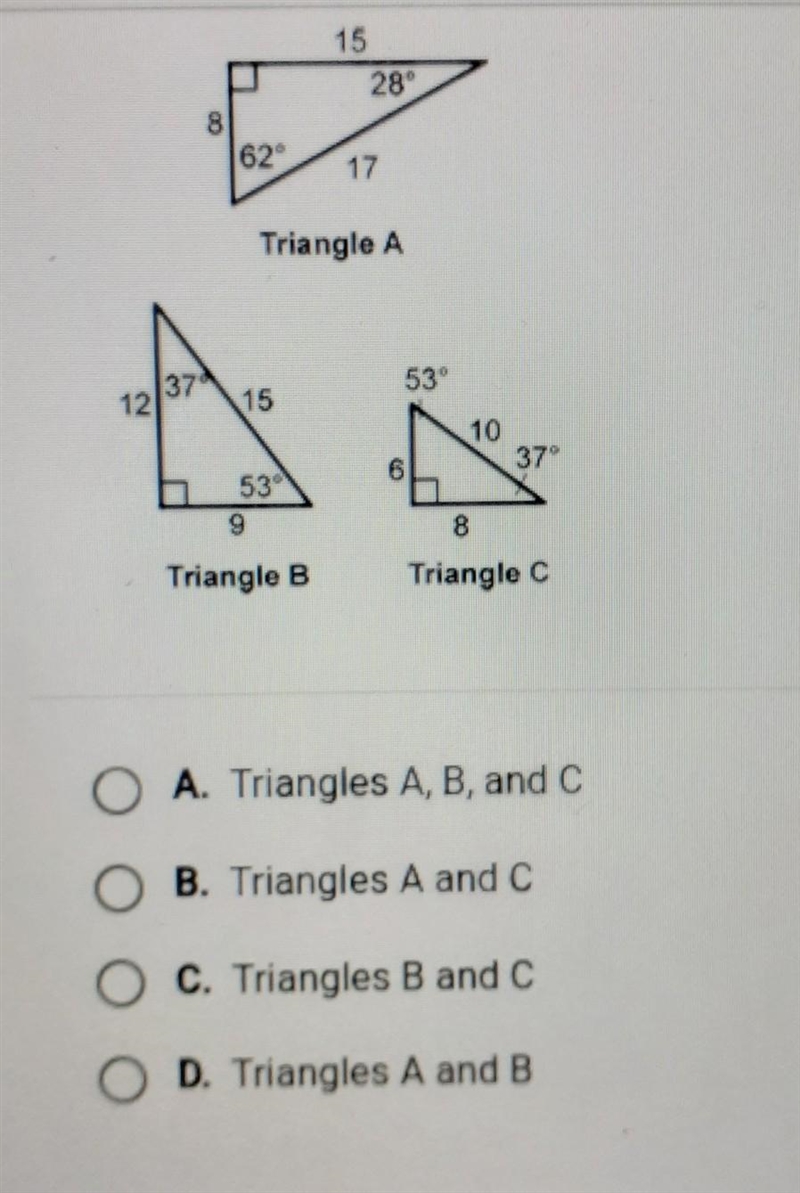 Which triangles are similar? ​-example-1