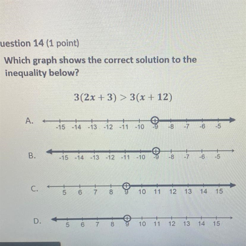 Which graph shows the correct solution to the inequality below? 3(2x + 3) > 3(x-example-1