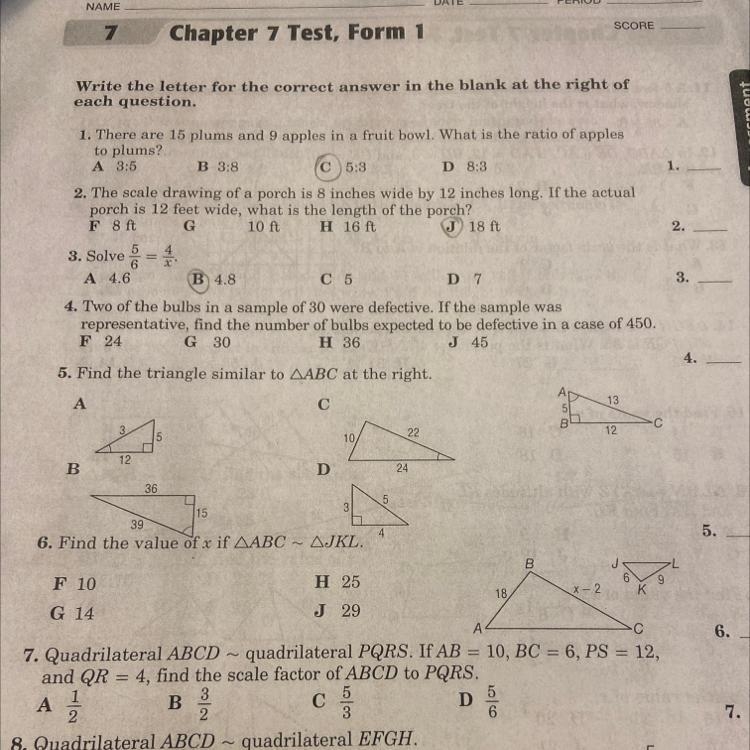 5. Find the triangle similar to AABC at the right. Question 5-example-1