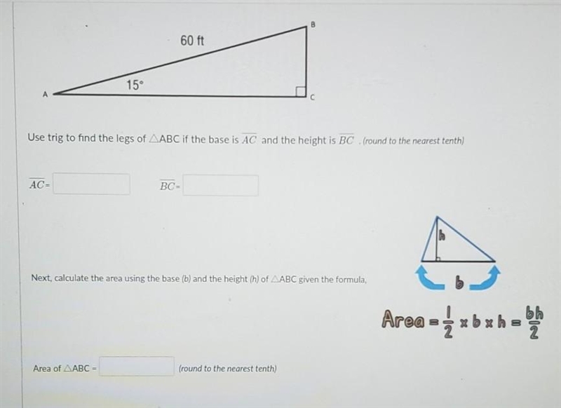 Use trig to find the legs of ABC if the base is AC and the height is BC (round to-example-1