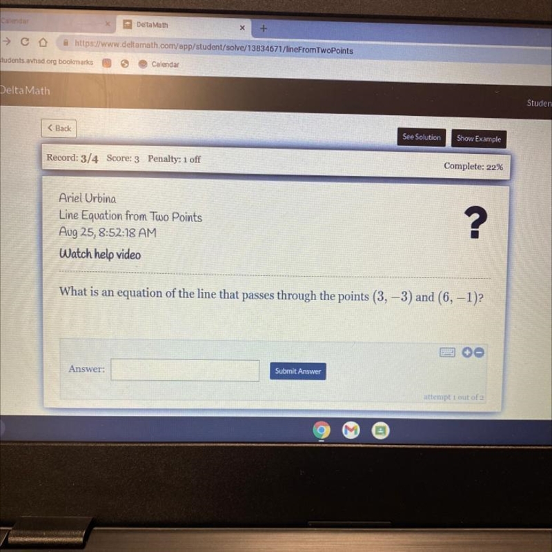 What is an equation of the line that passes through the points (3, -3) and (6, -1)?-example-1