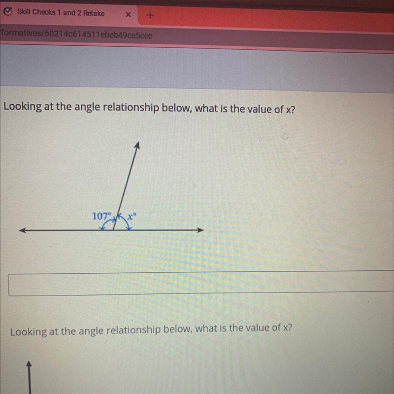 Looking at the angle relationship below, what is the value of x? Q 107 x-example-1