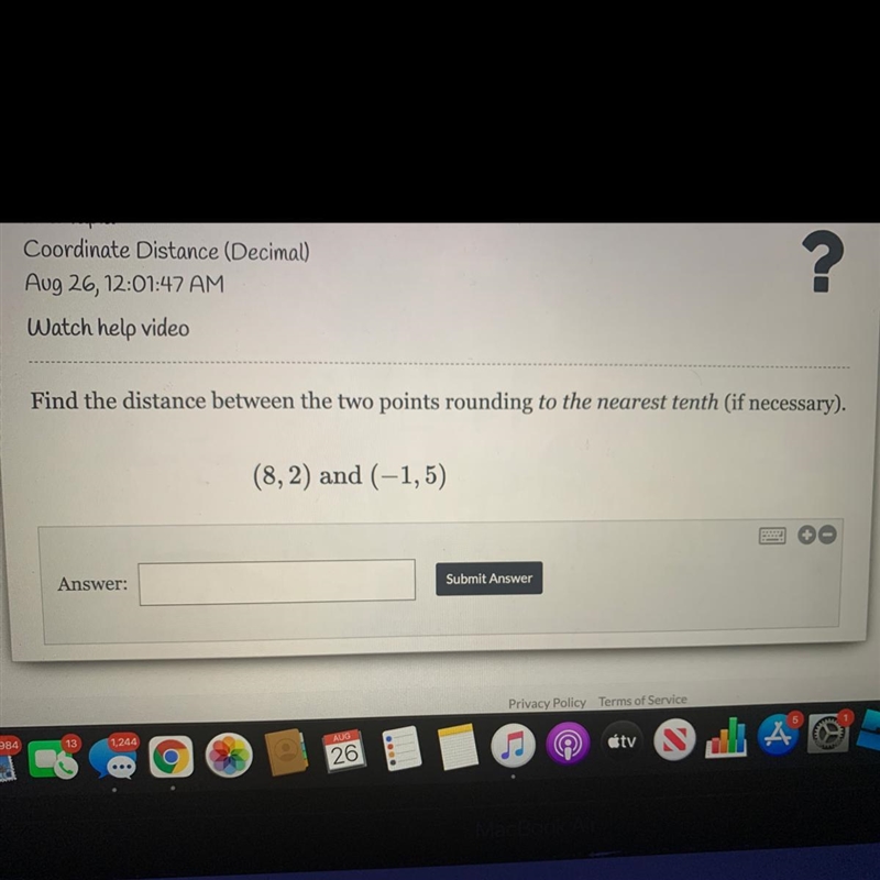 Atch help video Find the distance between the two points rounding to the nearest tenth-example-1