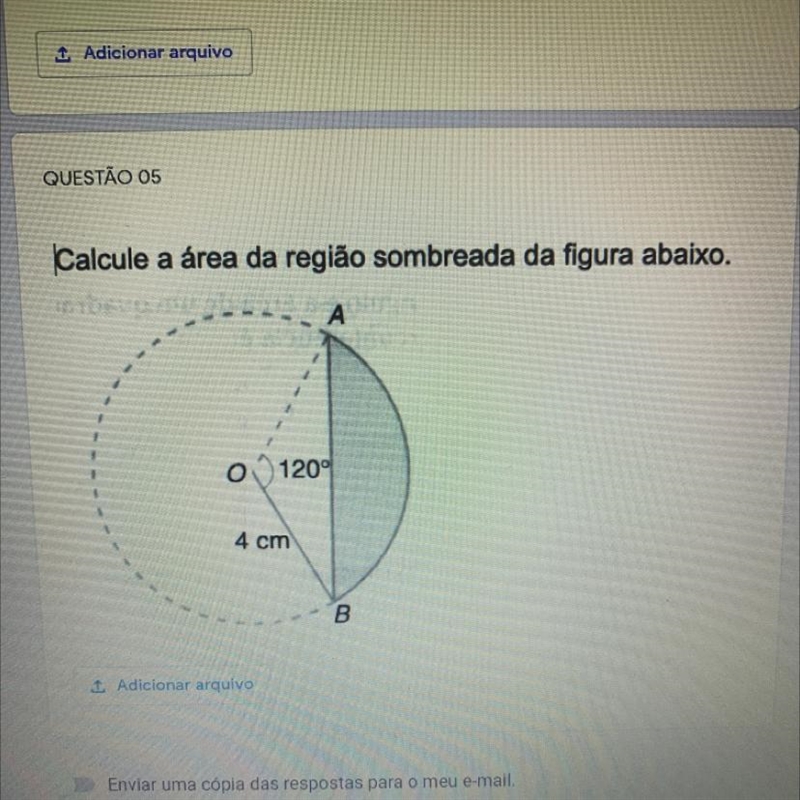 Calcule a área da região sombreada da figura abaixo. 120° 4 cm B-example-1