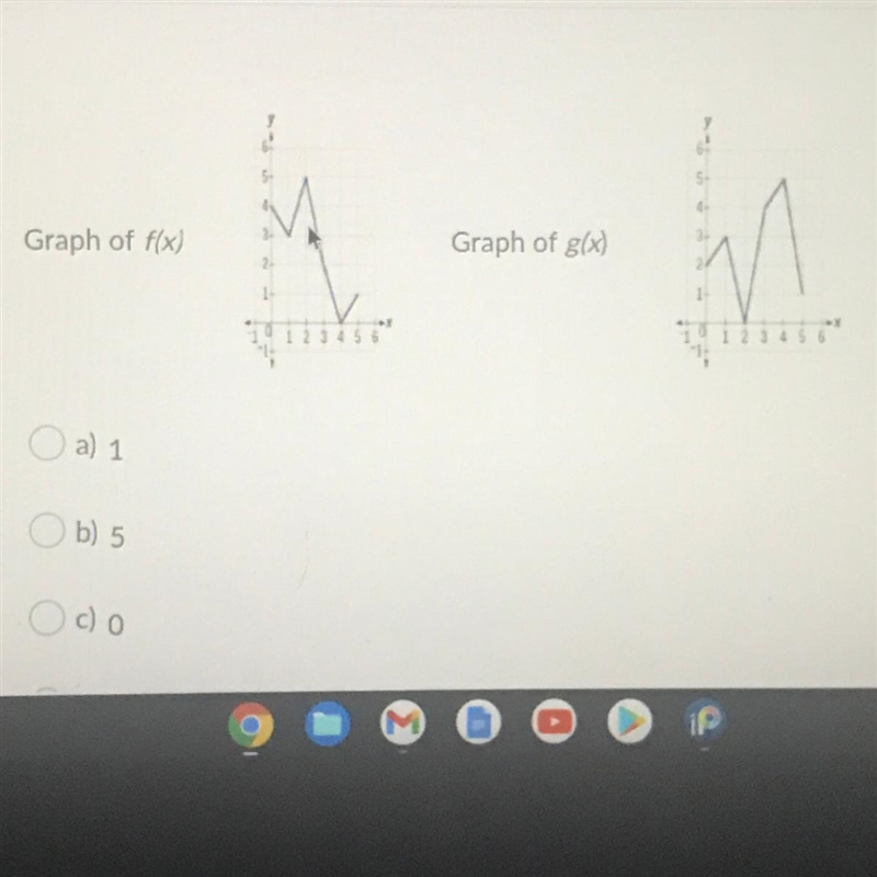 PLEASSSE HELLPP Using the graphs, what is the value of g(f(3)) a) 1 b) 5 c) 0 d) 2 Graphs-example-1