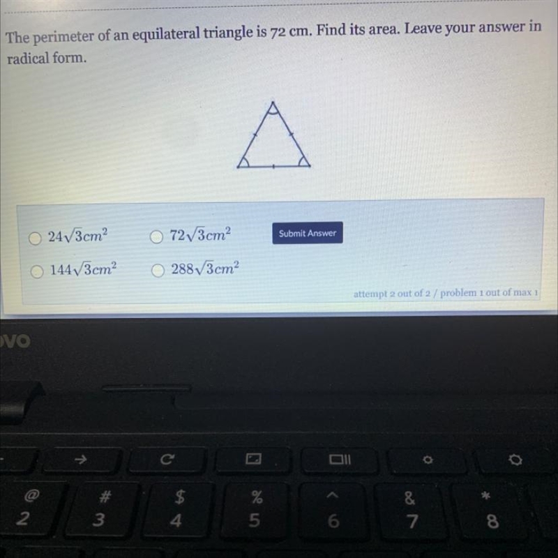 The perimeter of an equation triangle is 72cm find its area. Leave your answer in-example-1