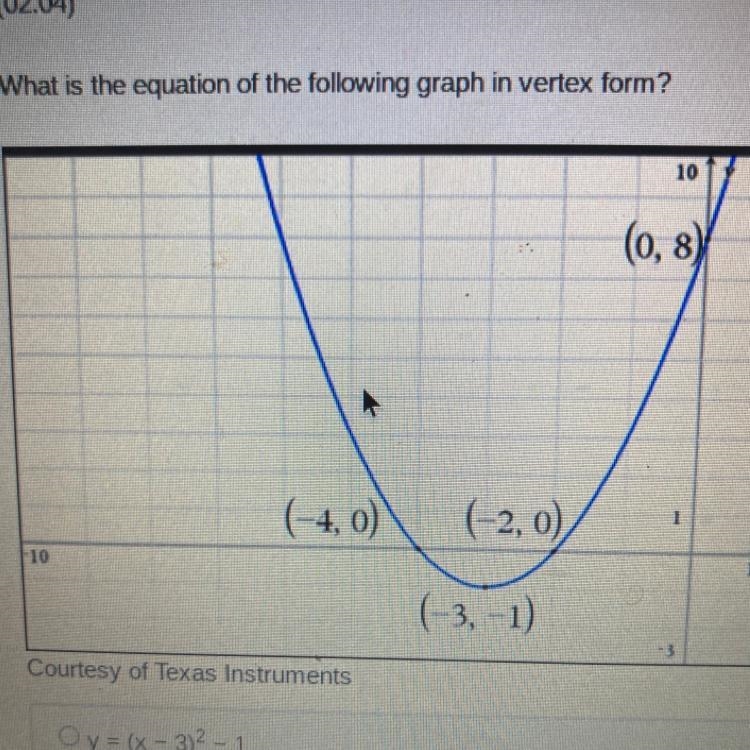 What is the equation of the following graph in vertex form? Y=(X-3)^2-1 Y=(X+3)^2-1 Y-example-1