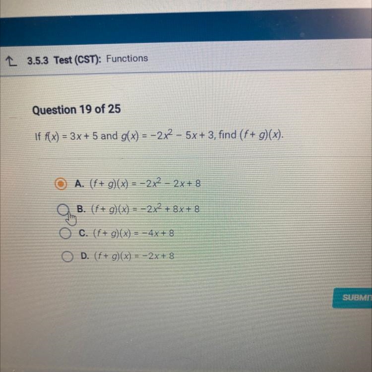 If f(x) = 3x + 5 and g(x) = -2x2 - 5x + 3, find (f + g)(x).-example-1