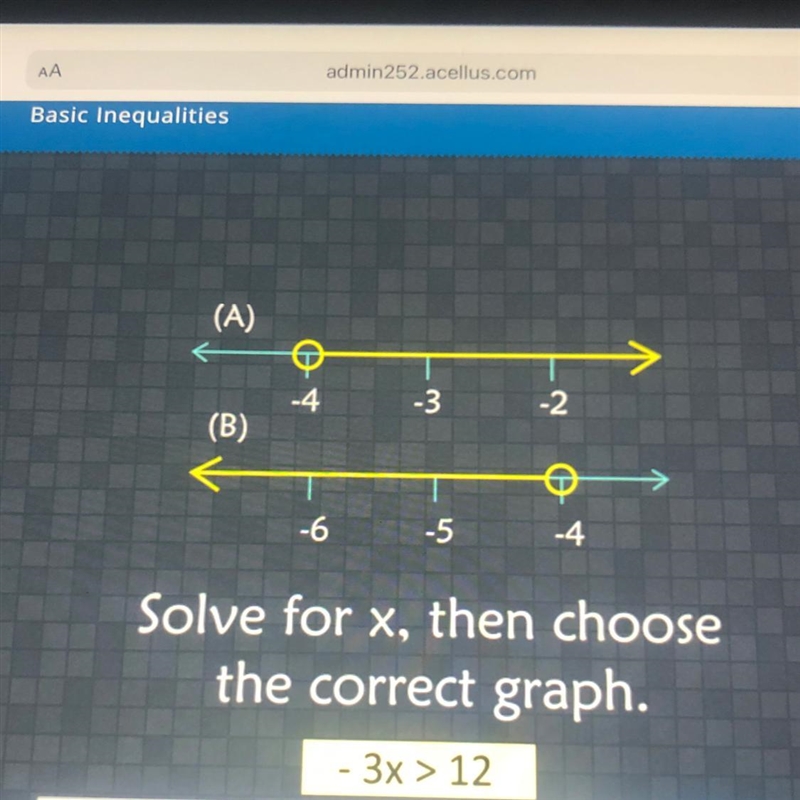 Solve for x, then choose the correct graph. - 3x > 12-example-1