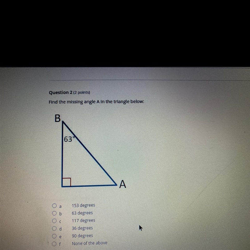 Find the missing angle A in the triangle-example-1