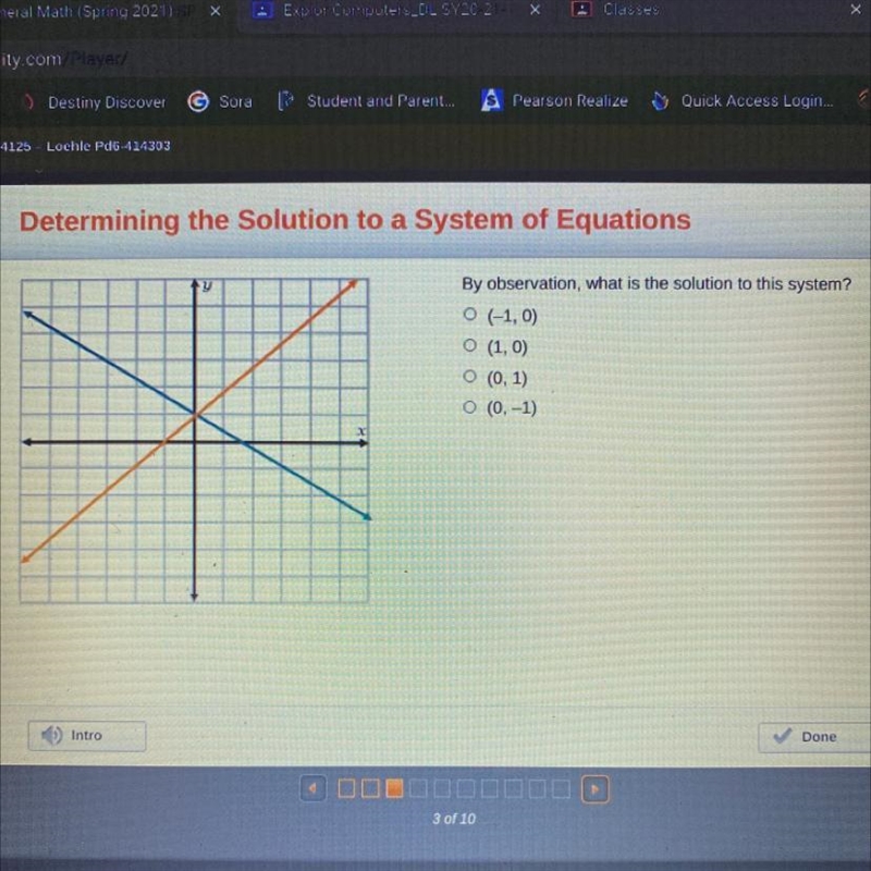 By observation, what is the solution to this system? O (-1,0) O (1, 0) O (0, 1) O-example-1