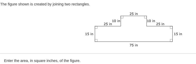 The figure shown is created by joining two rectangles. Enter the area, in square inches-example-1