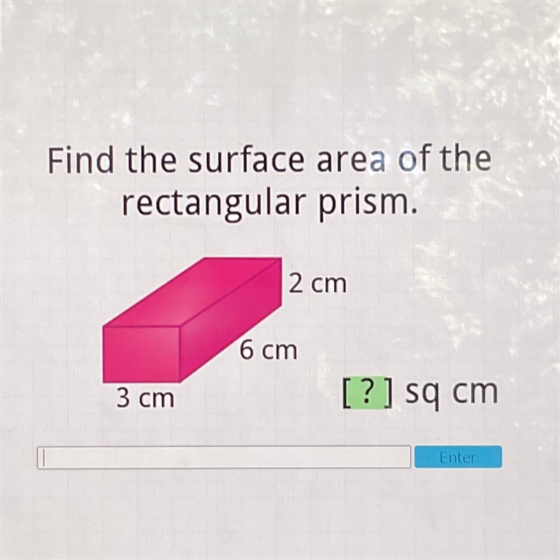 Find the surface area of the rectangular prism. 2 cm 6 cm 3 cm [?] sq cm Enter-example-1