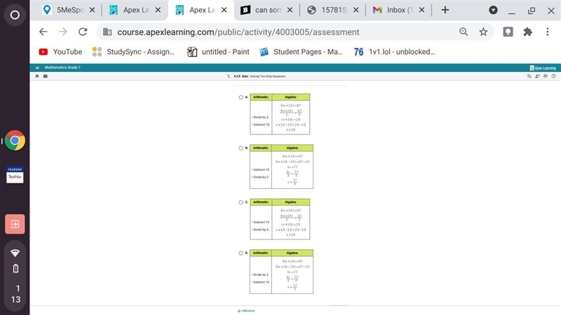 Can some one plz help me anwer choices are x =77/3 x=19 x=19 x=77/3 thats it-example-2