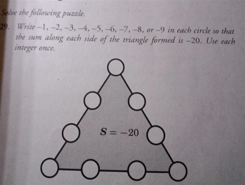 write -1, -2, -3, -4, -5, -6, -7, -8 ir -9 in each circle so that the sum along each-example-1