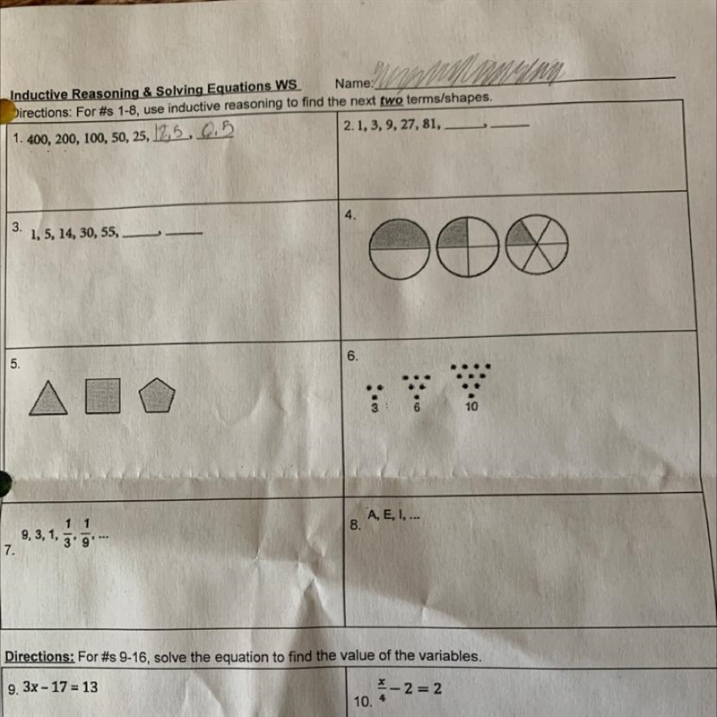 Does anyone know the answers to this inductive reasoning & Solving Equations WS-example-1