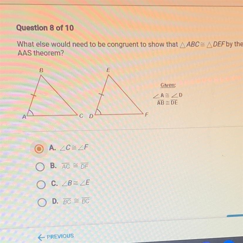 What else would need to be congruent to show that ABC A DEF by the AAS theorem? B-example-1