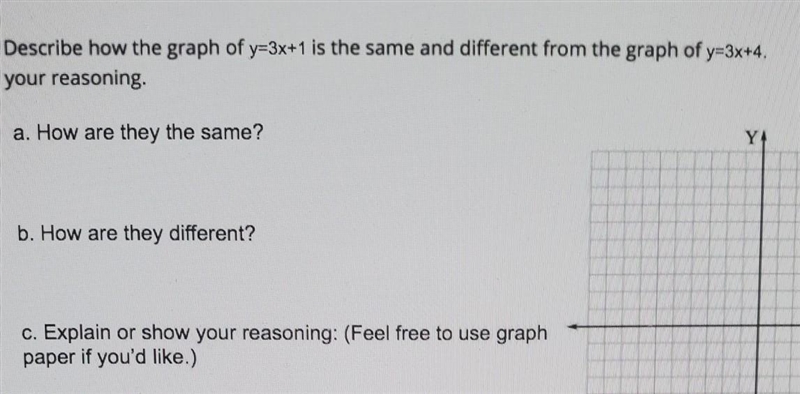 Explain or show - Describe how the graph of y=3x+1 is the same and different from-example-1