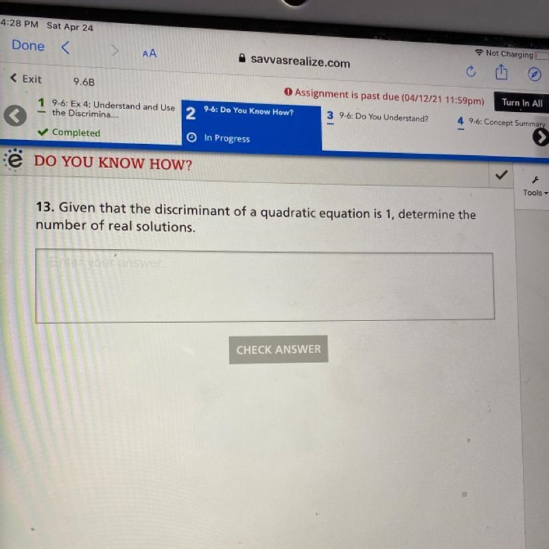 Given that the discriminant of a quadratic equation is 1, determine the number of-example-1