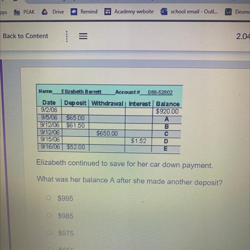 Elizabeth continued to save for her car down payment. What was her balance A after-example-1