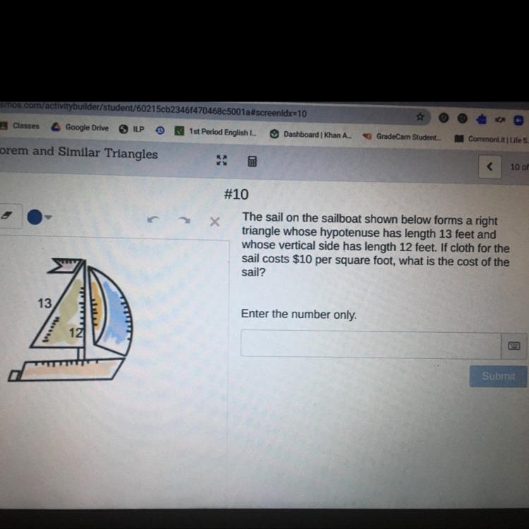 The sail on the sailboat shown below forms a right triangle whose hypotenuse has length-example-1