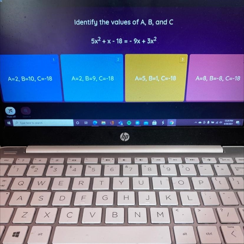 Identify the values of A, B, and C 5x2 + x - 18 = - 9x + 3x2 A=2, B=10, C=-18 A=2, B-example-1