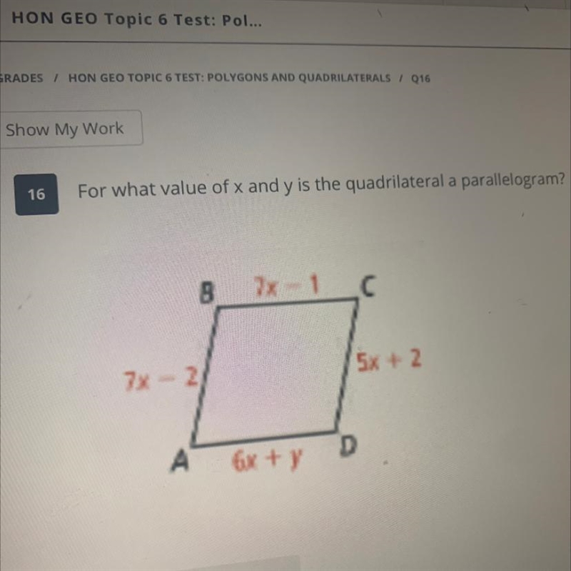 What is the value of x and y if the quadrilateral is a parallelogram-example-1