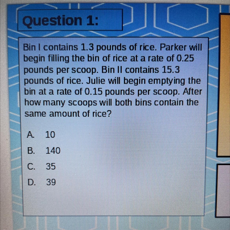 Bin I contains 1.3 pounds of rice. Parker will begin filling the bin of rice at a-example-1