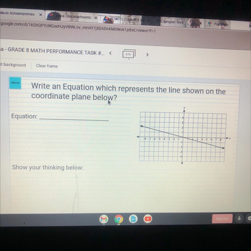 Write an Equation which represents the line shown on the coordinate plane below?-example-1