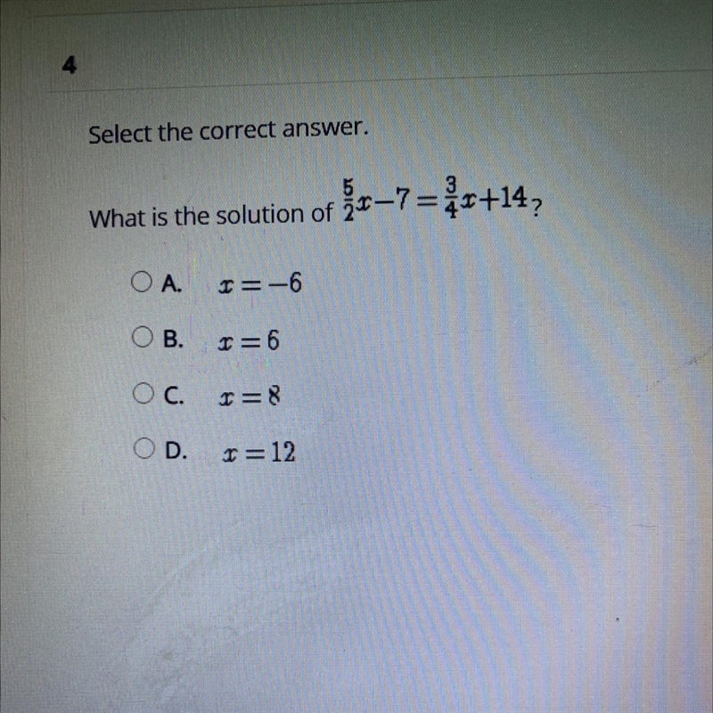 What is the solution of x-7= ir+14, O A. I=-6 B. =6 OC. I=8 OD. r =12-example-1